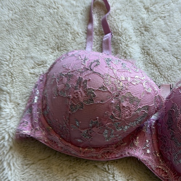 Victoria’s Secret Dream Angels Pink Lace Lined Demi Bra Silver Floral 34D - Picture 2 of 7